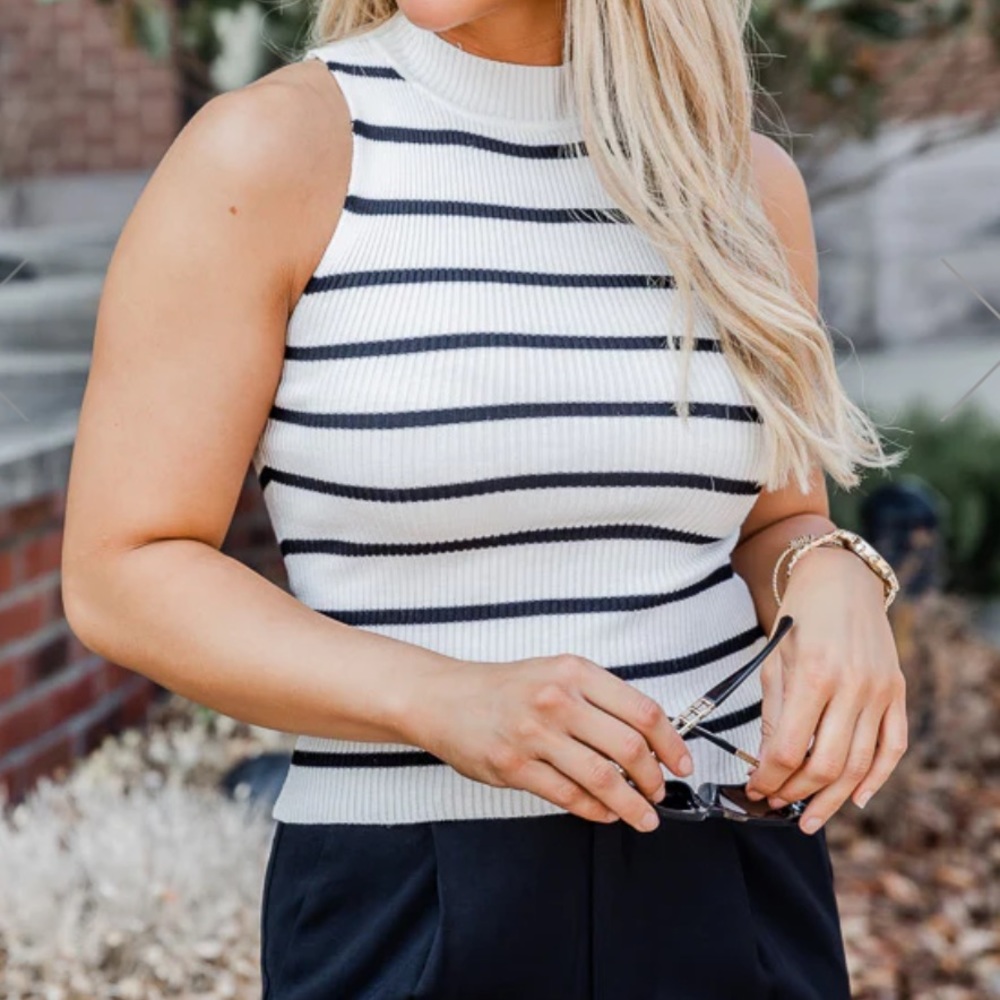 Black & White Striped High Neck Tank